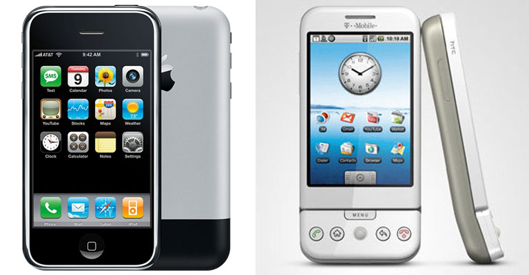 Iphone generasi pertama dan ponsel dengan OS Android pertama . Foto: Apple, HTC